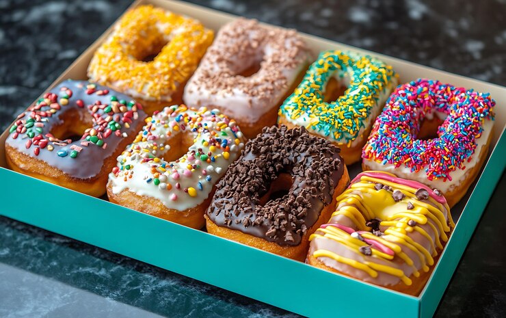 Donuts coloridos en una caja sobre un fondo de mármol enfoque selectivo