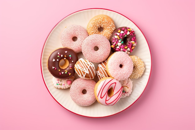 Donuts coloridos con chispitas en un plato sobre fondo rosa