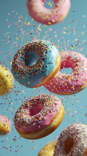 Donuts coloridos com cobertura e salpicaduras a voar