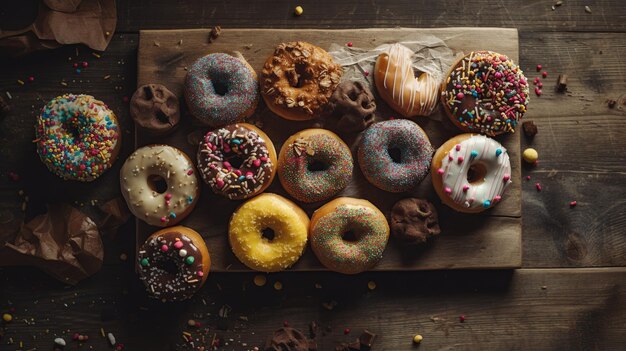 Donuts coloridos com glasura vários donuts esmaltados com salpicaduras vista de cima