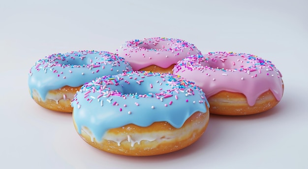 Donuts coloridos con glaseado y salpicaduras en un fondo pastel que exhiben un atractivo lúdico y apetitoso