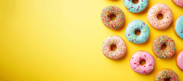 Donuts coloridos en una pancarta de fondo amarillo