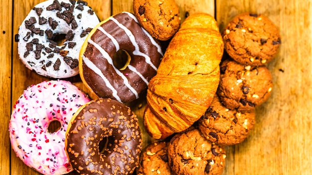 Donuts coloridos puff pasteles y galletas en mesa de madera dulce helado azúcar comida con salpicaduras esmaltadas rosquilla con glaseado de chocolate vista superior con espacio de copia