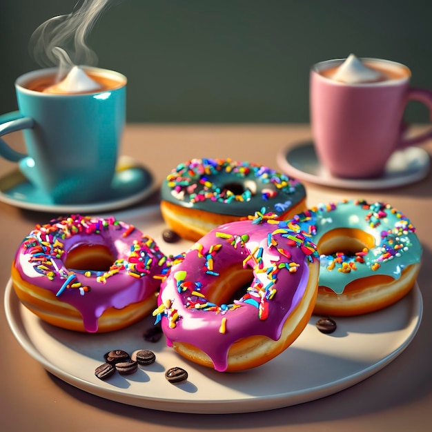 Donuts coloridos y render 3d de café