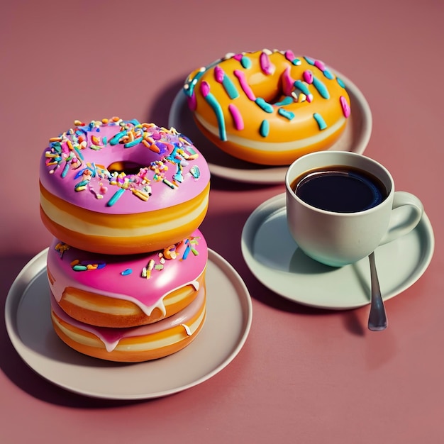 Donuts coloridos y render 3d de café