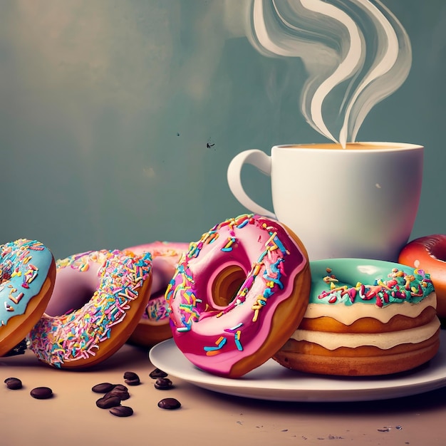 Donuts coloridos y render 3d de café