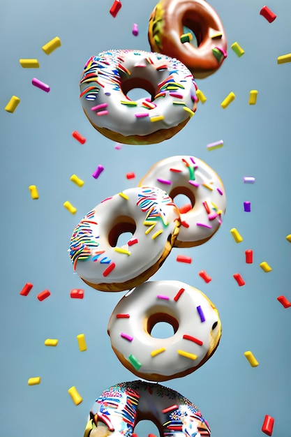 Foto donuts coloridos volando sobre fondo azul fondo de alimentos dulces