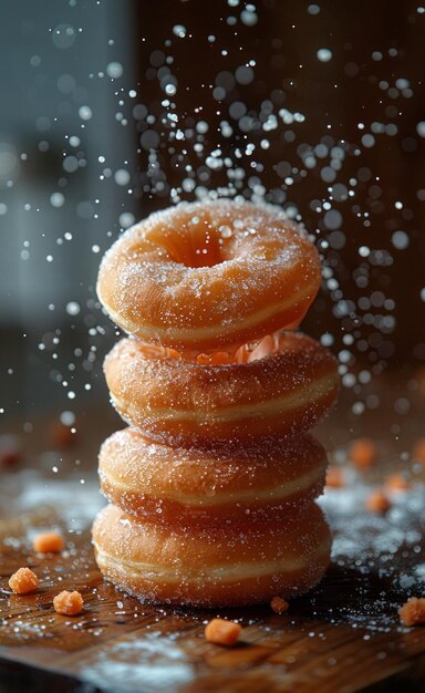 Donuts com açúcar e nozes em fundo escuro