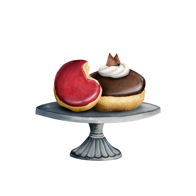 Donuts com cobertura de chocolate e morango no suporte de bolo isolado na composição de ilustração de aquarela de fundo branco para festa de café de padaria