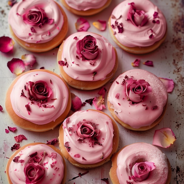 Donuts com cobertura rosa e pétalas de rosa