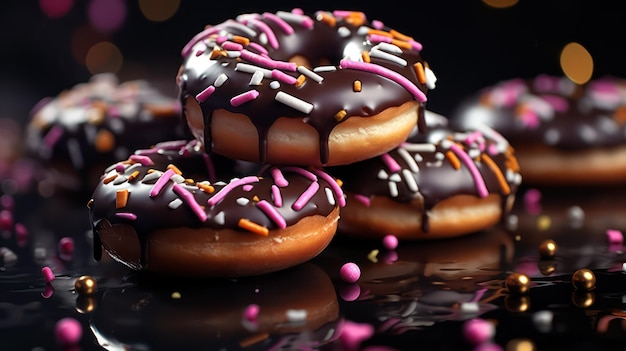 Donuts com esmalte e salpicaduras sobre um fundo preto