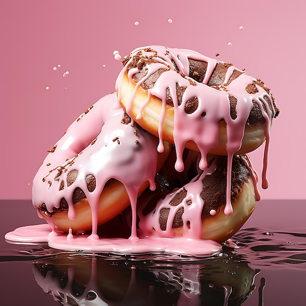 Donuts com esmalte rosa sobre um fundo escuro