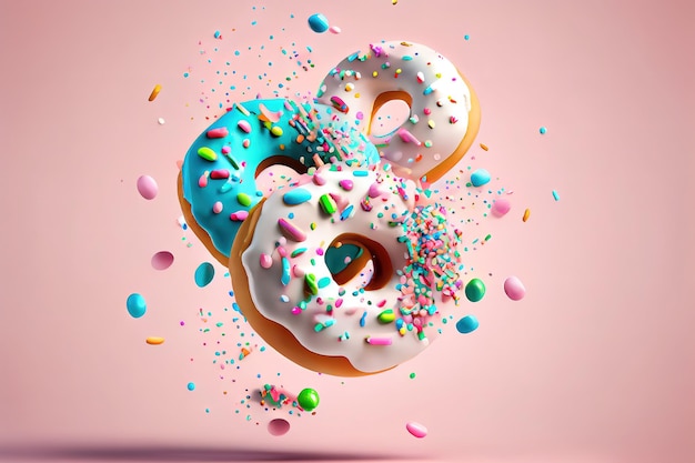 Donuts com esmalte voando sobre fundo rosa Generative Ai