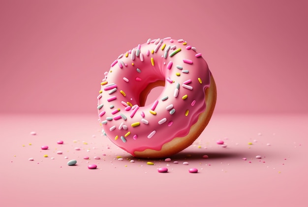 Donuts com glacê rosa e granulado colorido de açúcar em um fundo rosa generativo ai