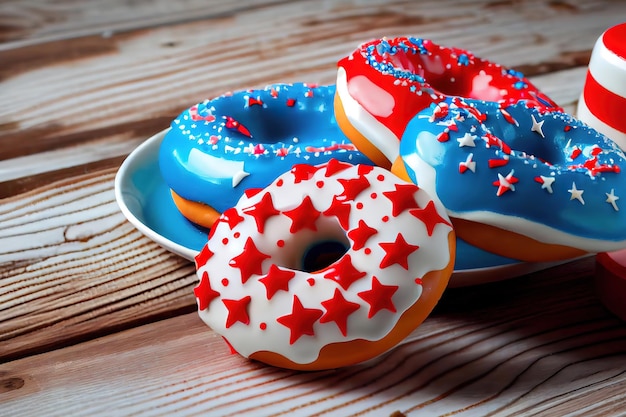 Donuts com glacê vermelho e linhas brancas e com glacê azul e estrelas brancas em uma mesa de madeira branca