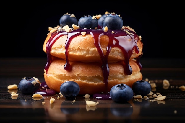 Donuts com sabor a mirtilo num fundo escuro.