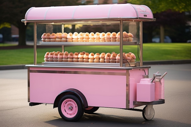 Donuts cor-de-rosa exibidos em um carrinho de sobremesas em um mercado de férias ou festival