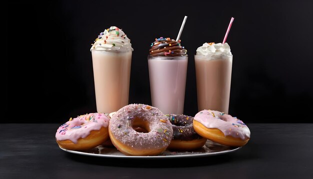 Donuts de açúcar servidos com milkshakes sobre fundo preto