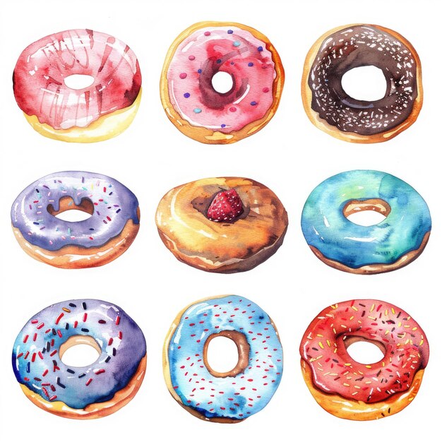 Donuts de aquarela deliciosamente doces para ilustração de padaria e cafés Sobremesa de vidro colorida