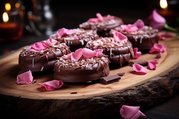 Foto donuts de chocolate em tábua de madeira com pétalas de rosa secas