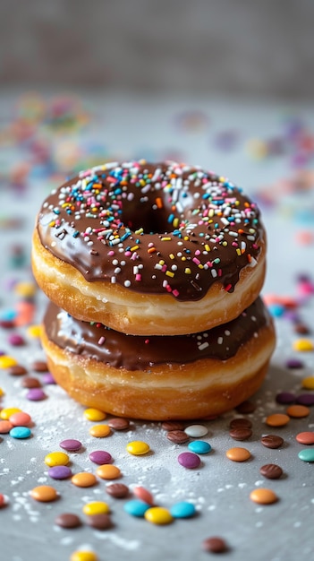 Donuts de chocolate numa mesa branca com papel colorido espalhado por toda a imagem