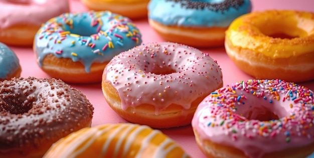 Foto donuts de esmaltes doces coloridos com cobertura colorida como fundo