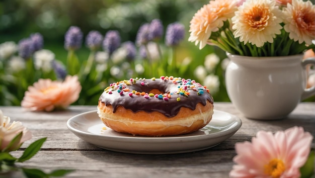 Donuts deliciosos com salpicaduras em um fundo floral claro