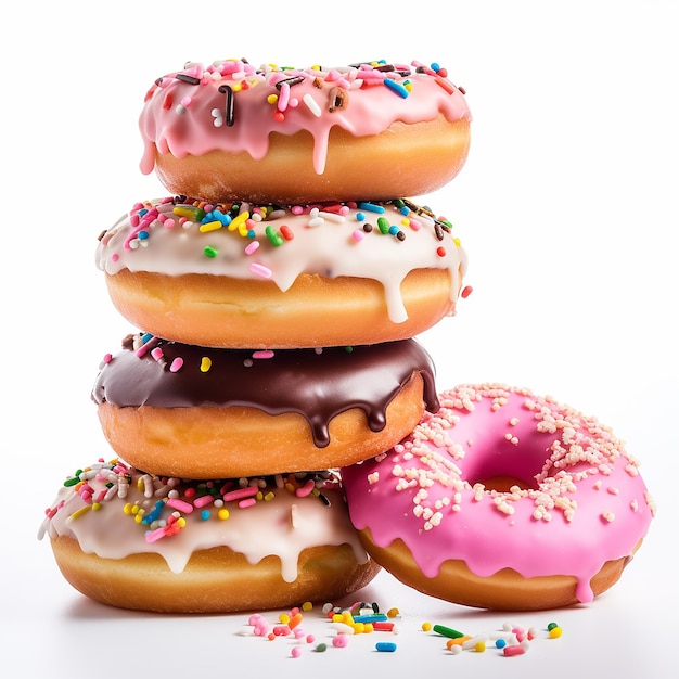 Donuts deliciosos em fundo branco feitos com IA gerativa