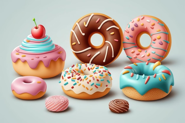 Donuts de dibujos animados de ilustración 3d de objetos dulces lindos sobre fondo de color