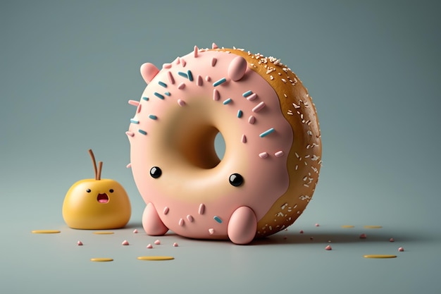 Donuts de dibujos animados de ilustración 3d de objetos dulces lindos sobre fondo de color