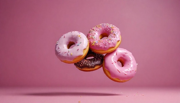 Donuts, die in der Luft schwimmen, rosa Hintergrund Bäckerei 2