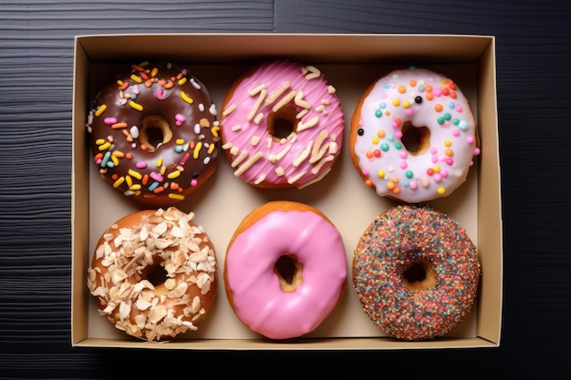 Donuts con diferentes diseños en una vista superior de caja de pastelería Ilustración generativa de IA