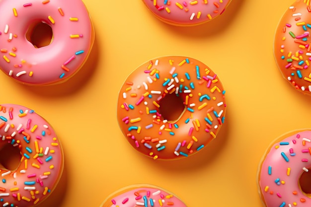 Donuts doces coloridos com salpicaduras em fundo amarelo