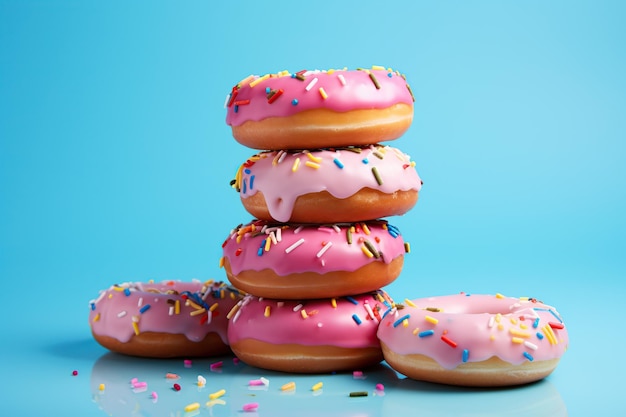Donuts doces coloridos com salpicaduras em fundo azul