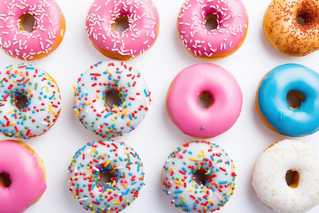 Donuts doces coloridos com salpicaduras em fundo branco