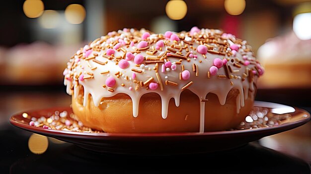 Foto donuts doces em close-up cheios de chocolate derretido e salpicados com um fundo desfocado