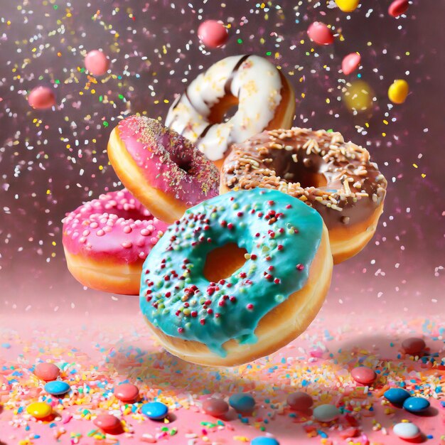 Donuts doces voadores com sprinkles gerados por Ai