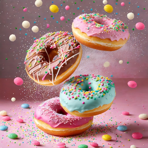 Donuts doces voadores com sprinkles gerados por Ai