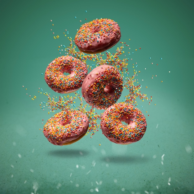 Donuts doces voando com granulado no verde