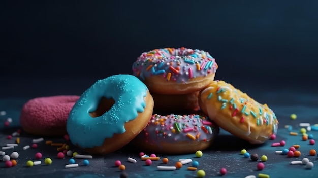 Donuts donuts de cores diferentes em um fundo azul Generative Ai