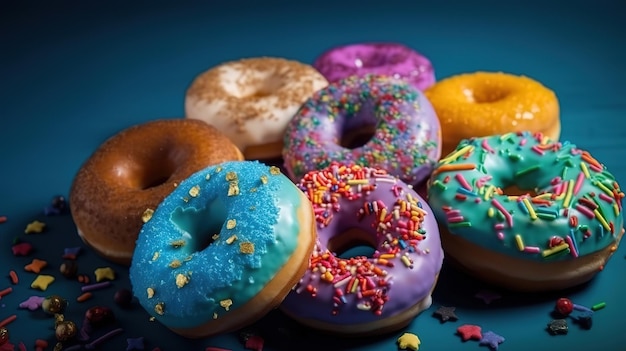 Donuts donuts de diferentes colores sobre un fondo azul Generative Ai