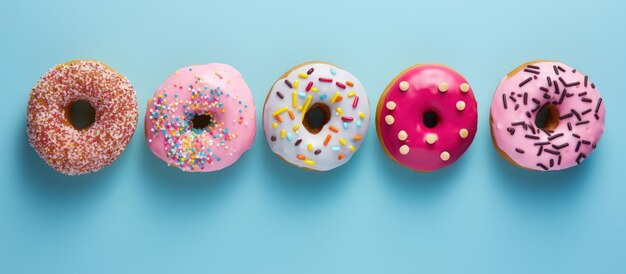 Donuts dulces coloridos con varios ingredientes aislados en un fondo azul claro Generar imagen de IA