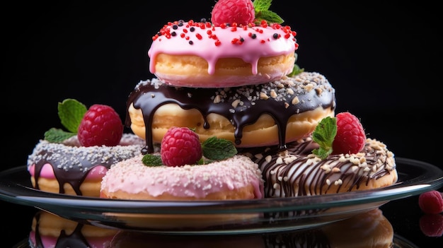 Donuts dulces rellenos de chocolate derretido y chispas con un fondo borroso