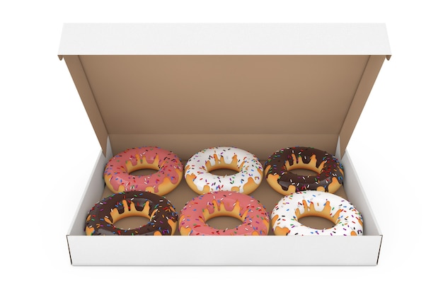 Donuts dulces surtidos en una caja de cartón de papel sobre un fondo blanco. Representación 3D