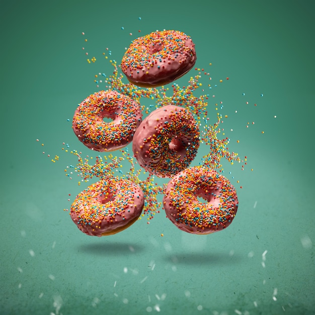 Foto donuts dulces voladores con sprinkels en verde