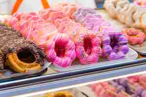 Foto donuts em uma prateleira no mercado de comida de rua.