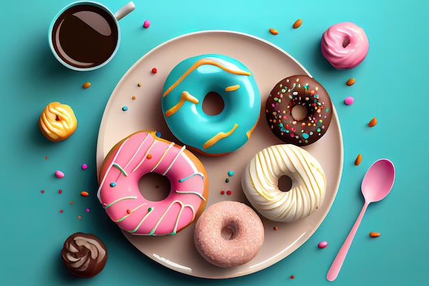 Donuts encantadores y espacio de copia de café Generative Ai
