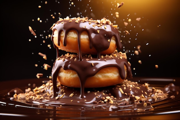 Foto donuts esmaltados caindo com chocolate e caramelo em fundo escuro