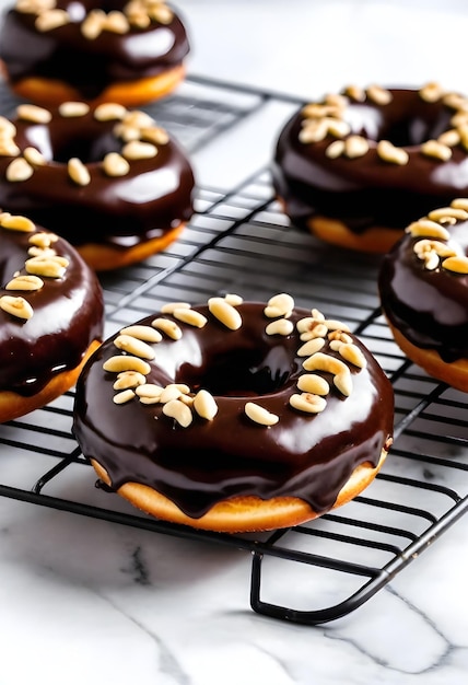 Foto donuts esmaltados de chocolate cobertos de nozes picadas em uma prateleira de resfriamento de arame com um mármore branco