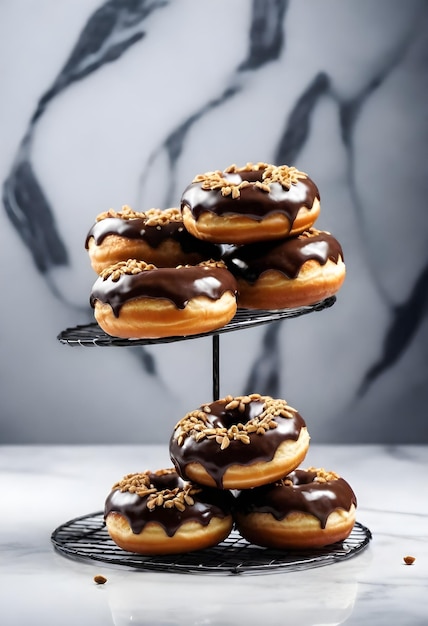 Donuts esmaltados de chocolate cobertos de nozes picadas em uma prateleira de resfriamento de arame com um mármore branco